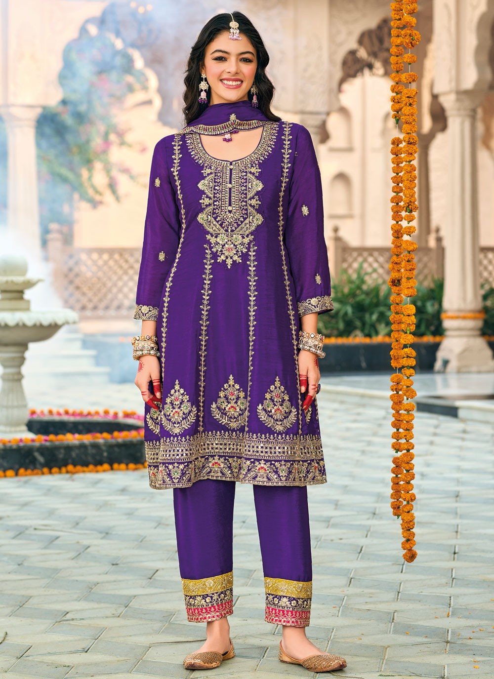 Pant Style Suit Embroidered, Sequins, Zari Violet T7706