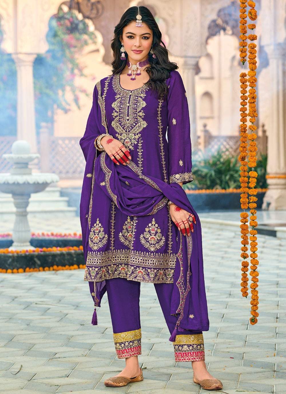 Pant Style Suit Embroidered, Sequins, Zari Violet T7706