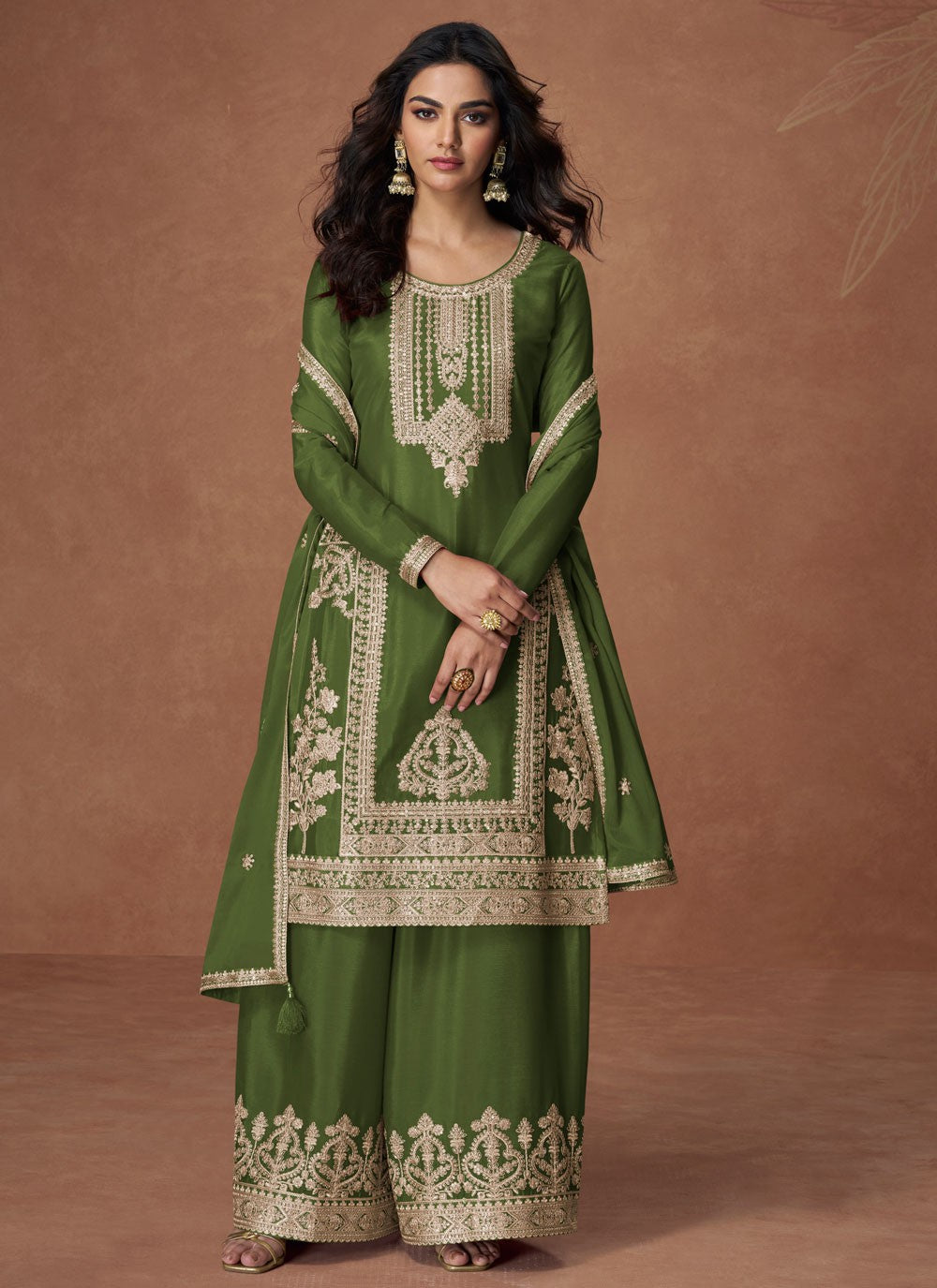 Palazzo Suit Embroidered, Zari Green T7723
