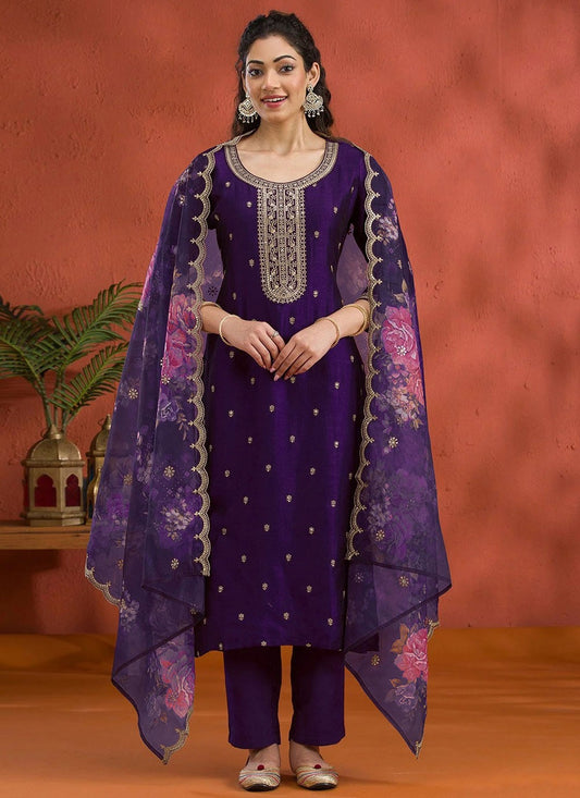 Pant Style Suit Embroidered, Zari Purple T7731