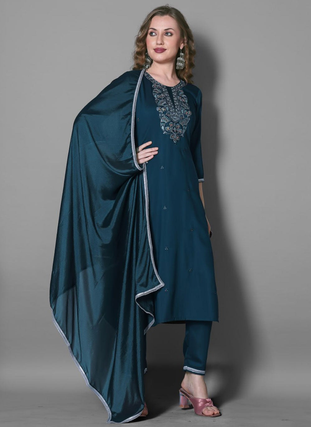 Salwar Suit Embroidered Navy Blue Silk Blend T5296