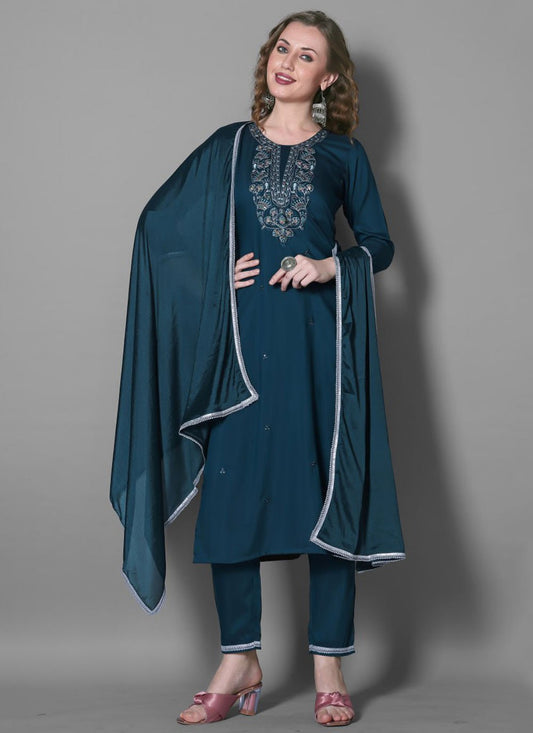 Salwar Suit Embroidered Navy Blue Silk Blend T5296