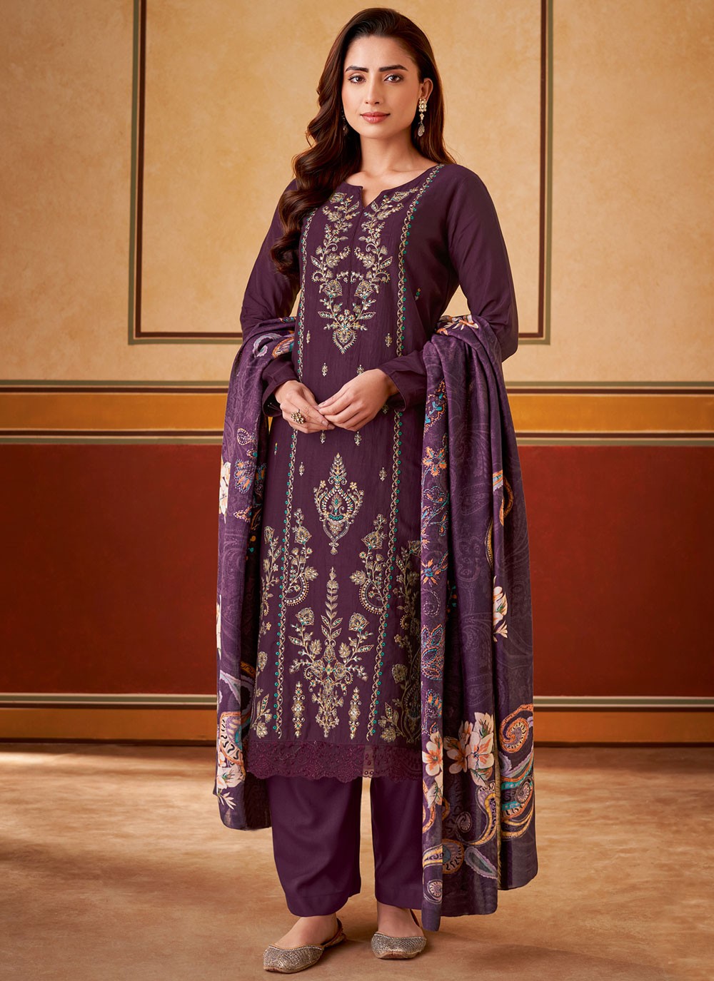 Embroidered Muslin Purple Pant Style Suit T6313