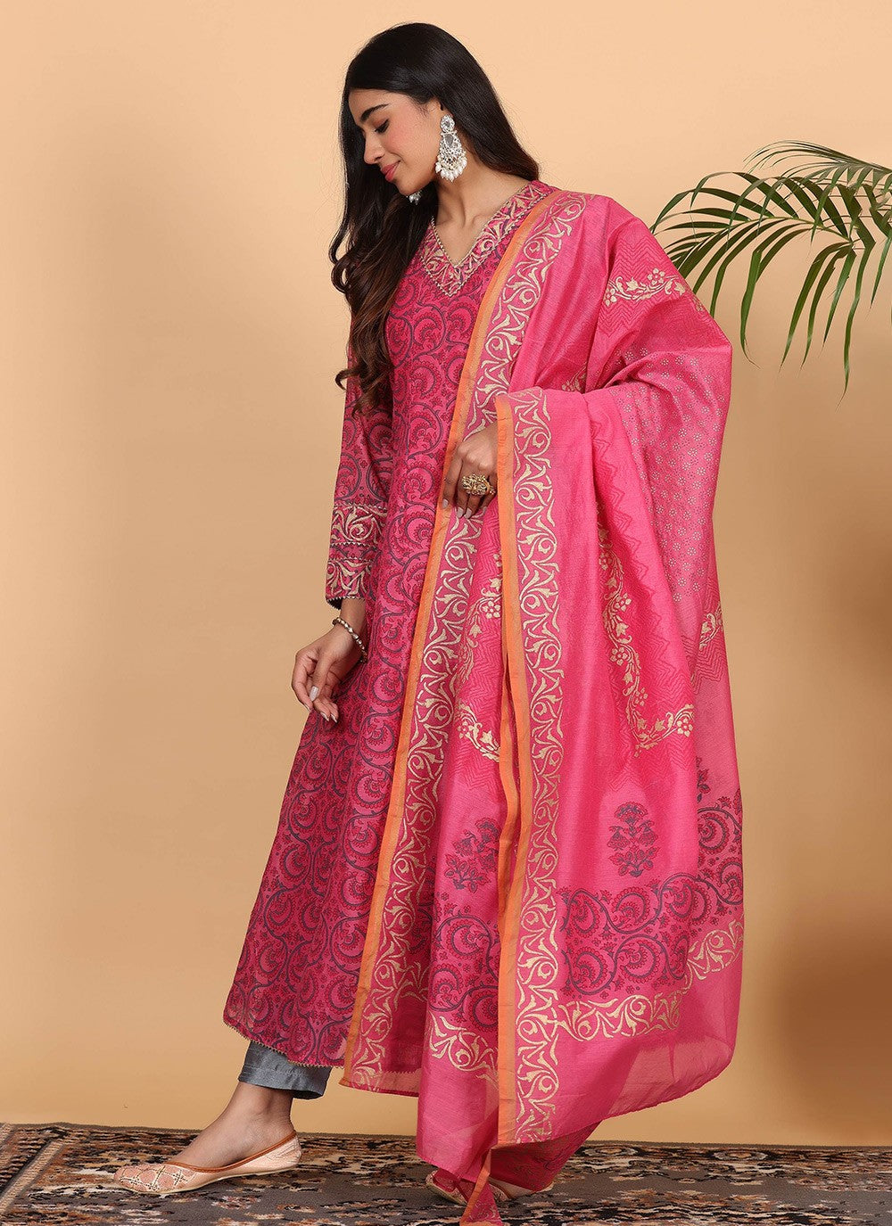 Printed Chanderi Pink Salwar Suit T5937