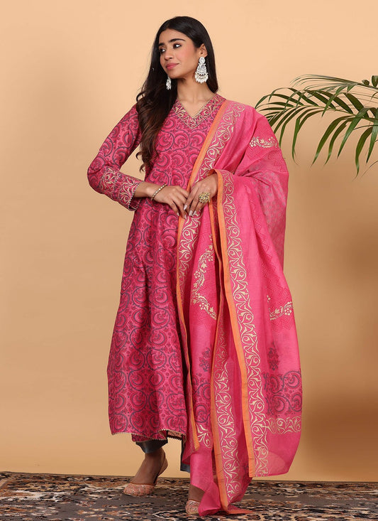 Printed Chanderi Pink Salwar Suit T5937