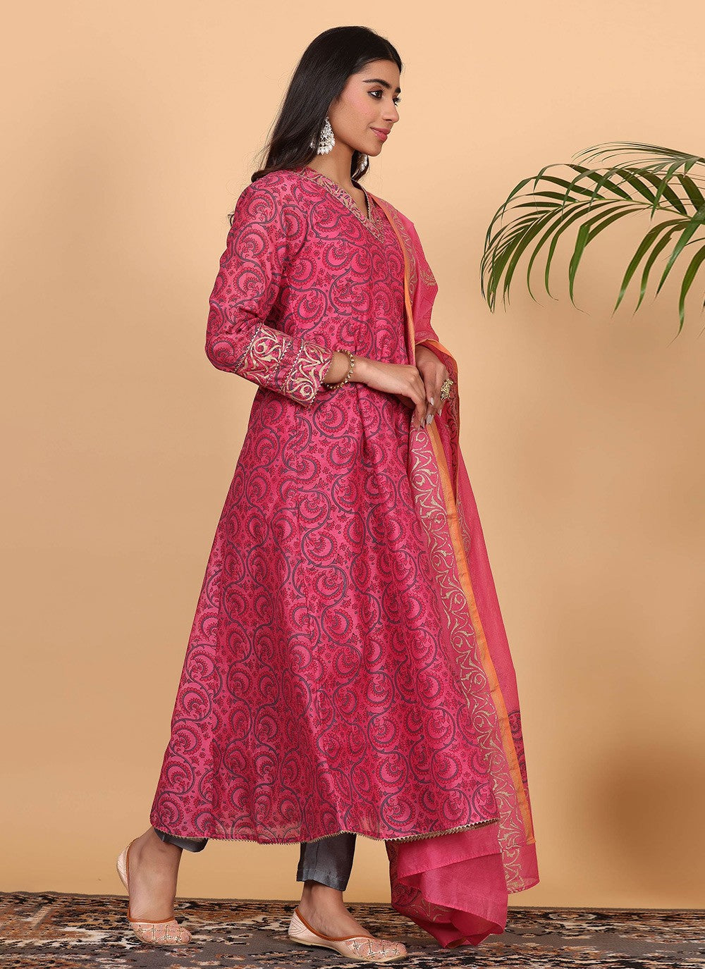 Printed Chanderi Pink Salwar Suit T5937
