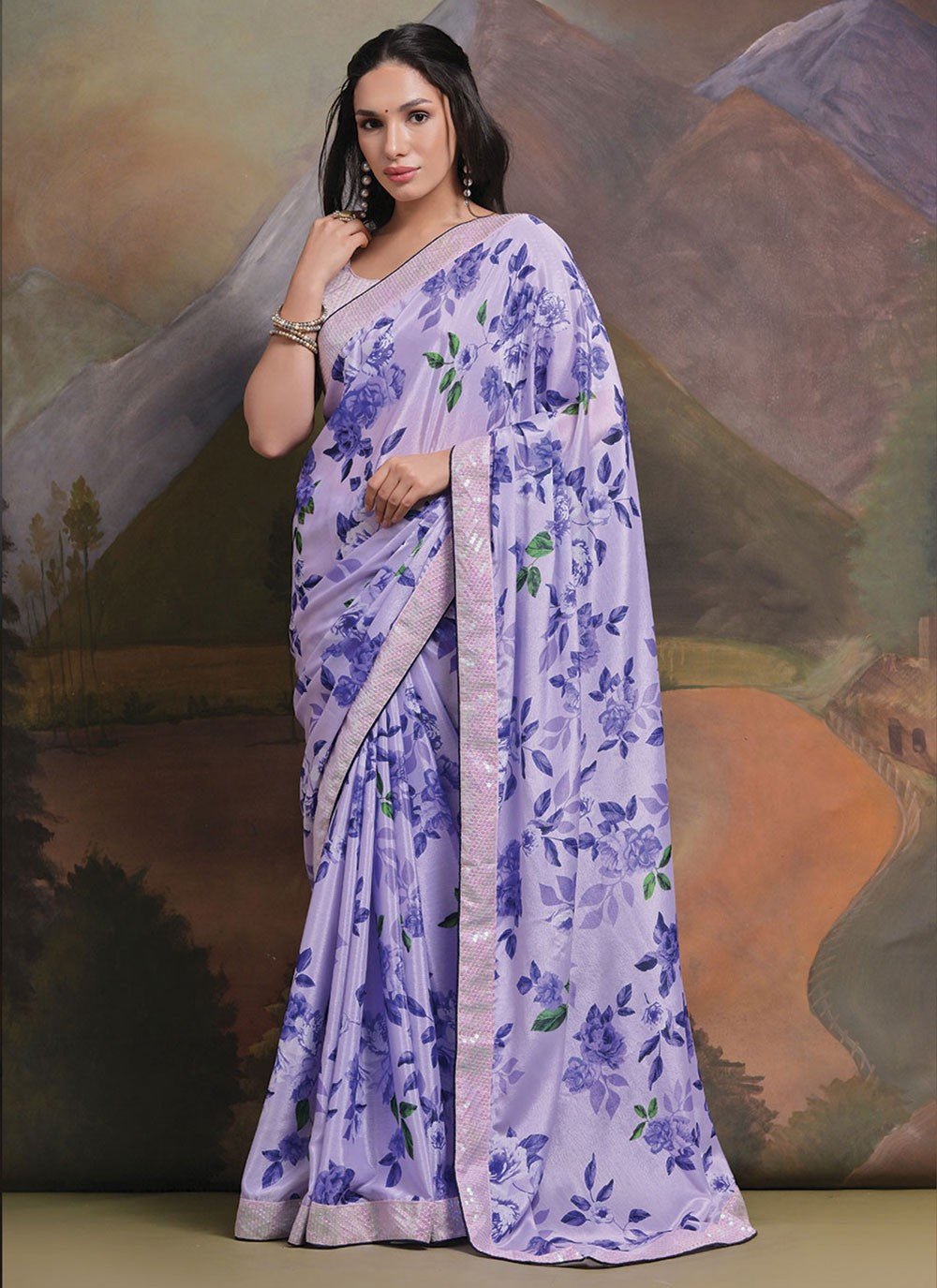 Trendy Border Work Chinon Saree - S4777