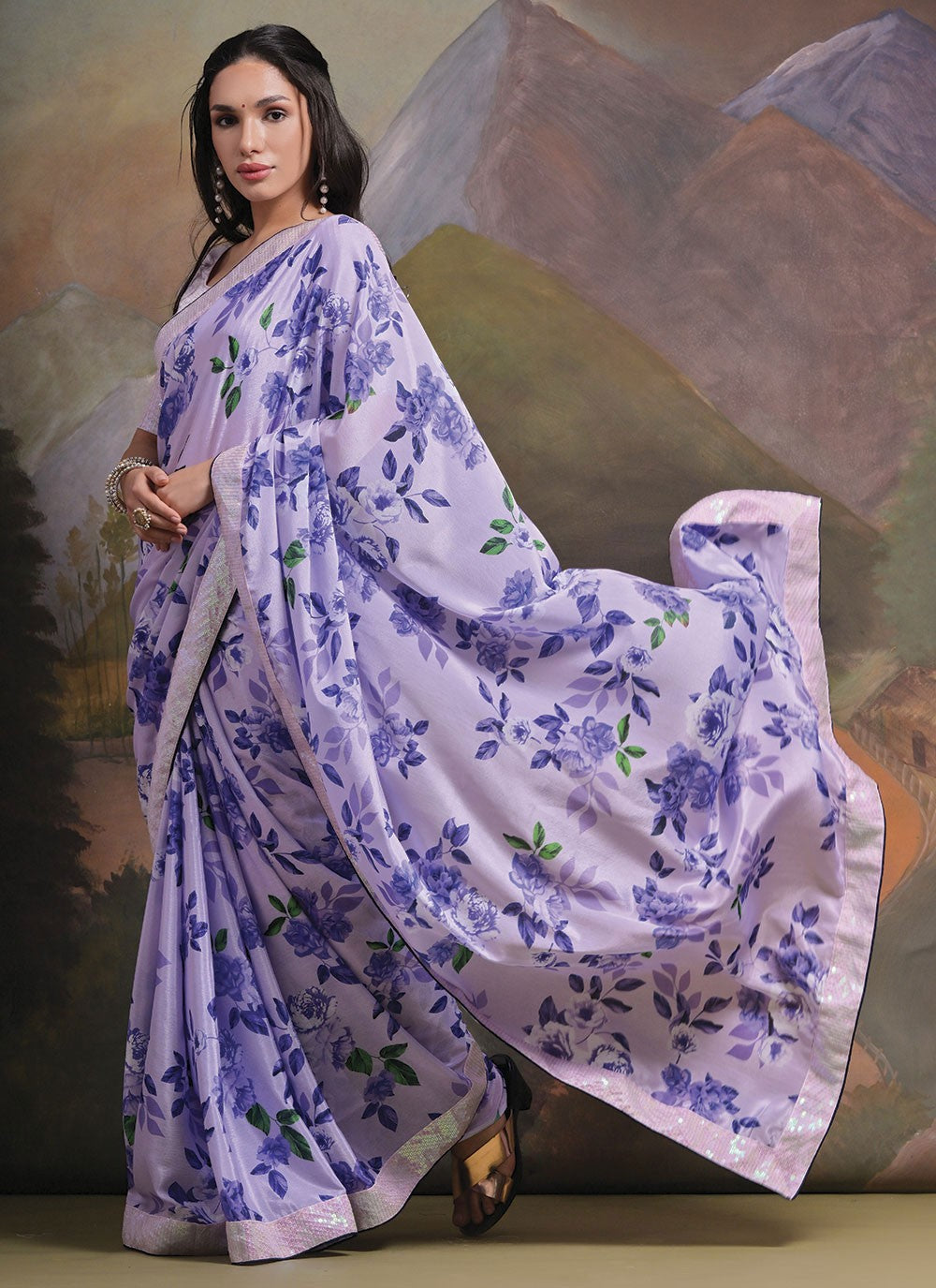 Trendy Border Work Chinon Saree - S4777