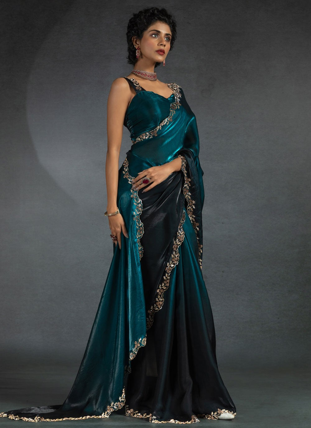 Border Work Satin Silk Morpeach Saree S14818