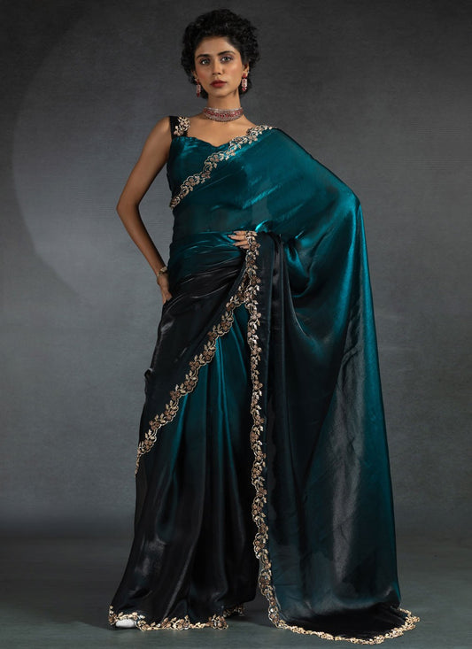 Border Work Satin Silk Morpeach Saree S14818