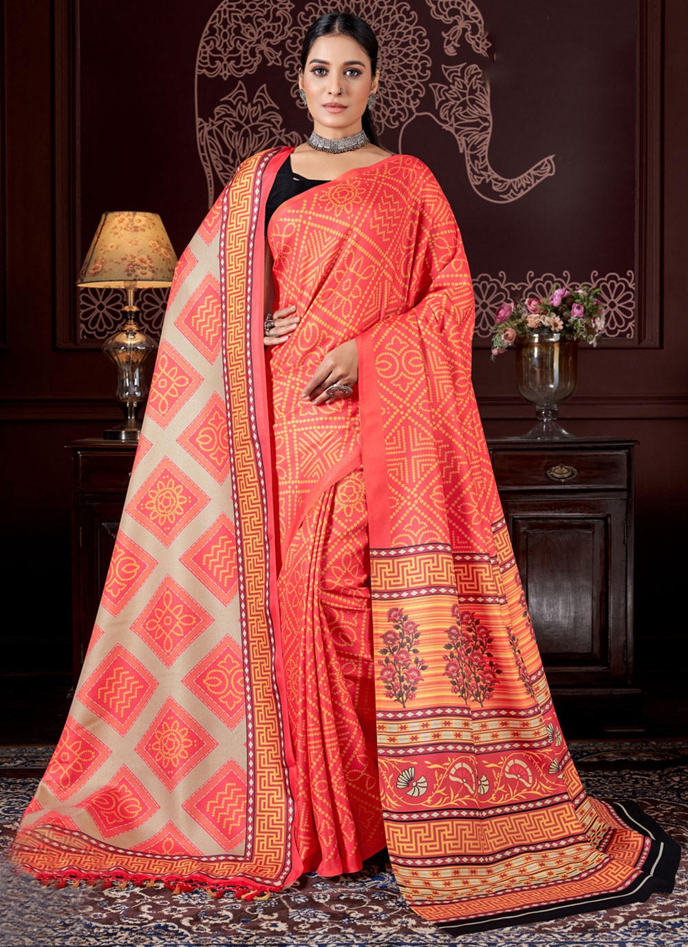 Classic Digital Print Pashmina Saree - S4246