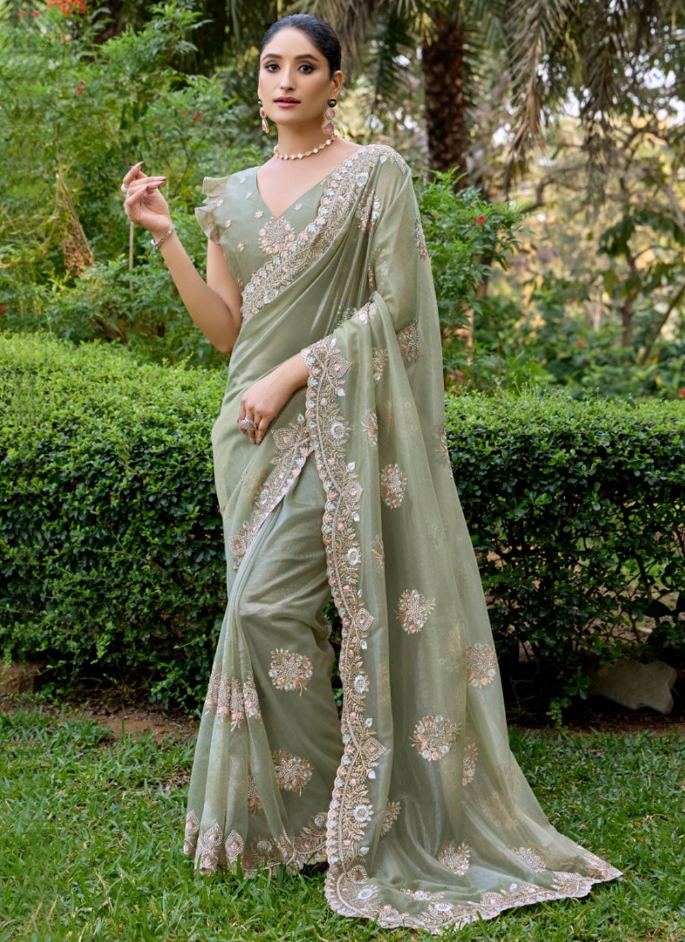 Trendy Saree Cut Work Green, Grey Net Saree S13452