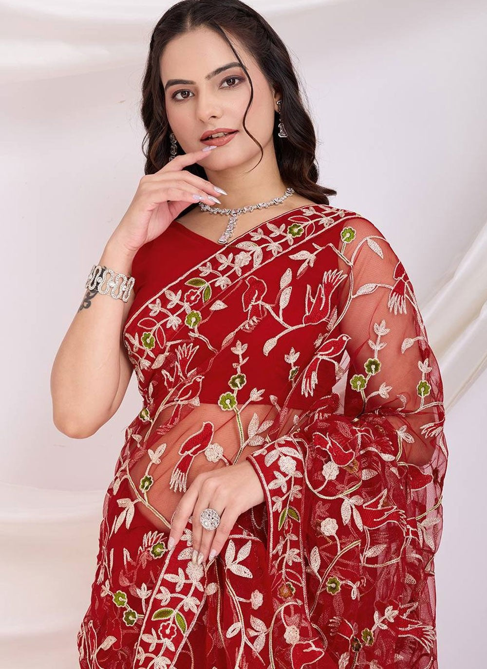 Trendy Saree Chikankari Work Red Net Saree S13072