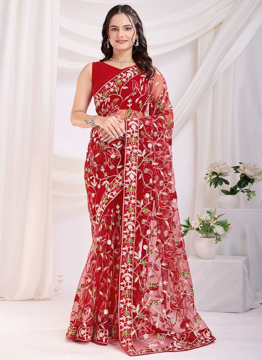 Trendy Saree Chikankari Work Red Net Saree S13072