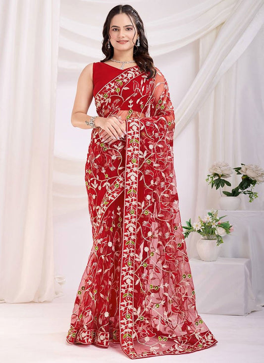 Trendy Saree Chikankari Work Red Net Saree S13072