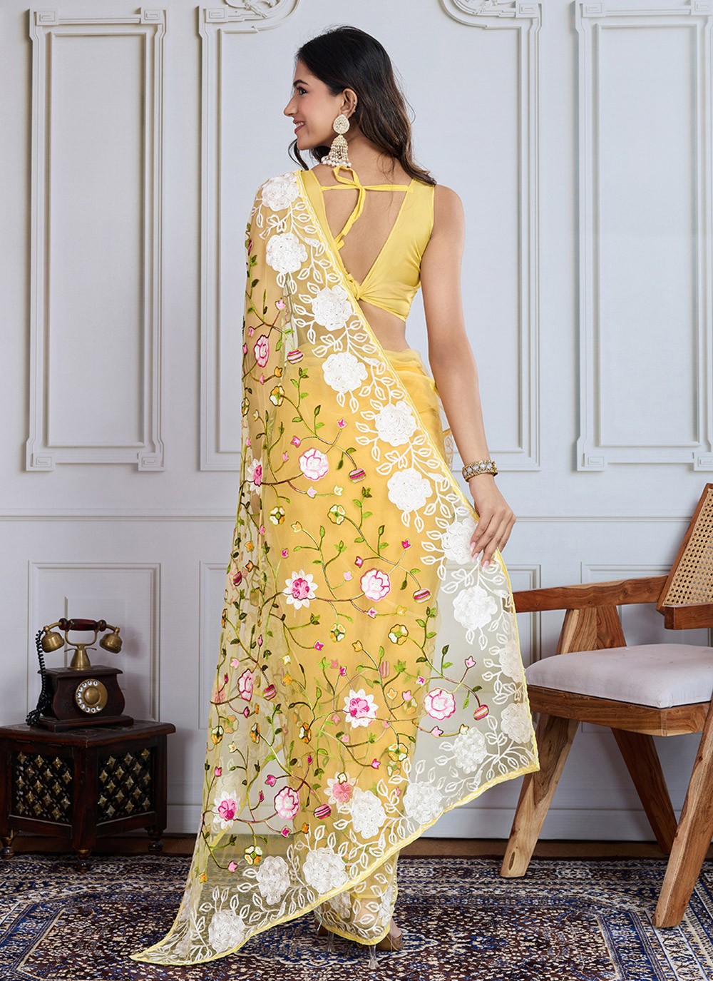 Embroidered Net Yellow Trendy Saree S14987