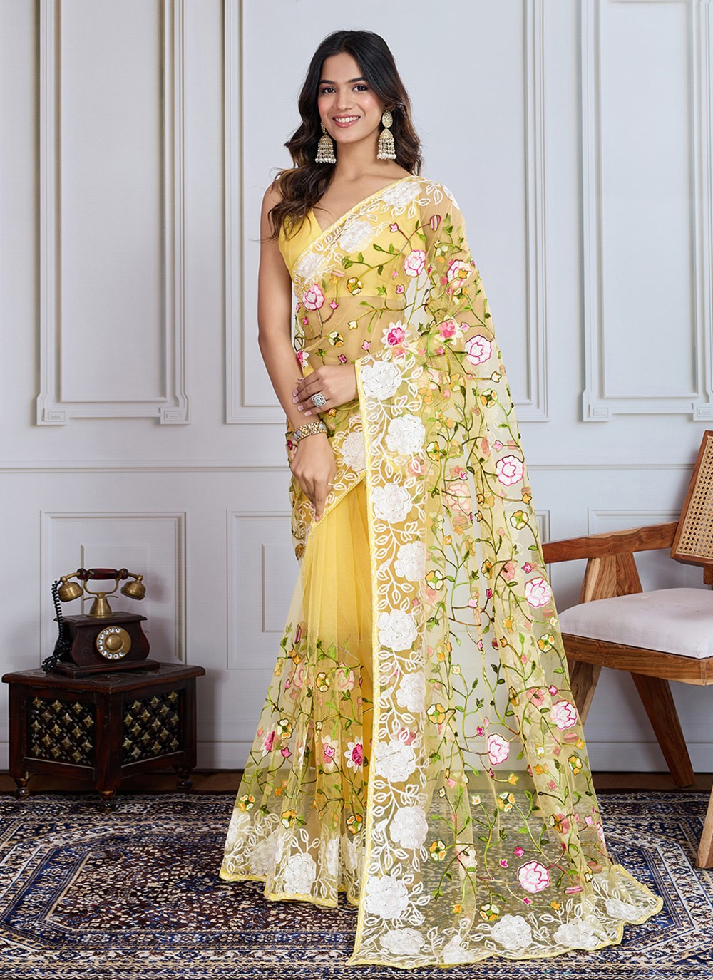 Embroidered Net Yellow Trendy Saree S14987