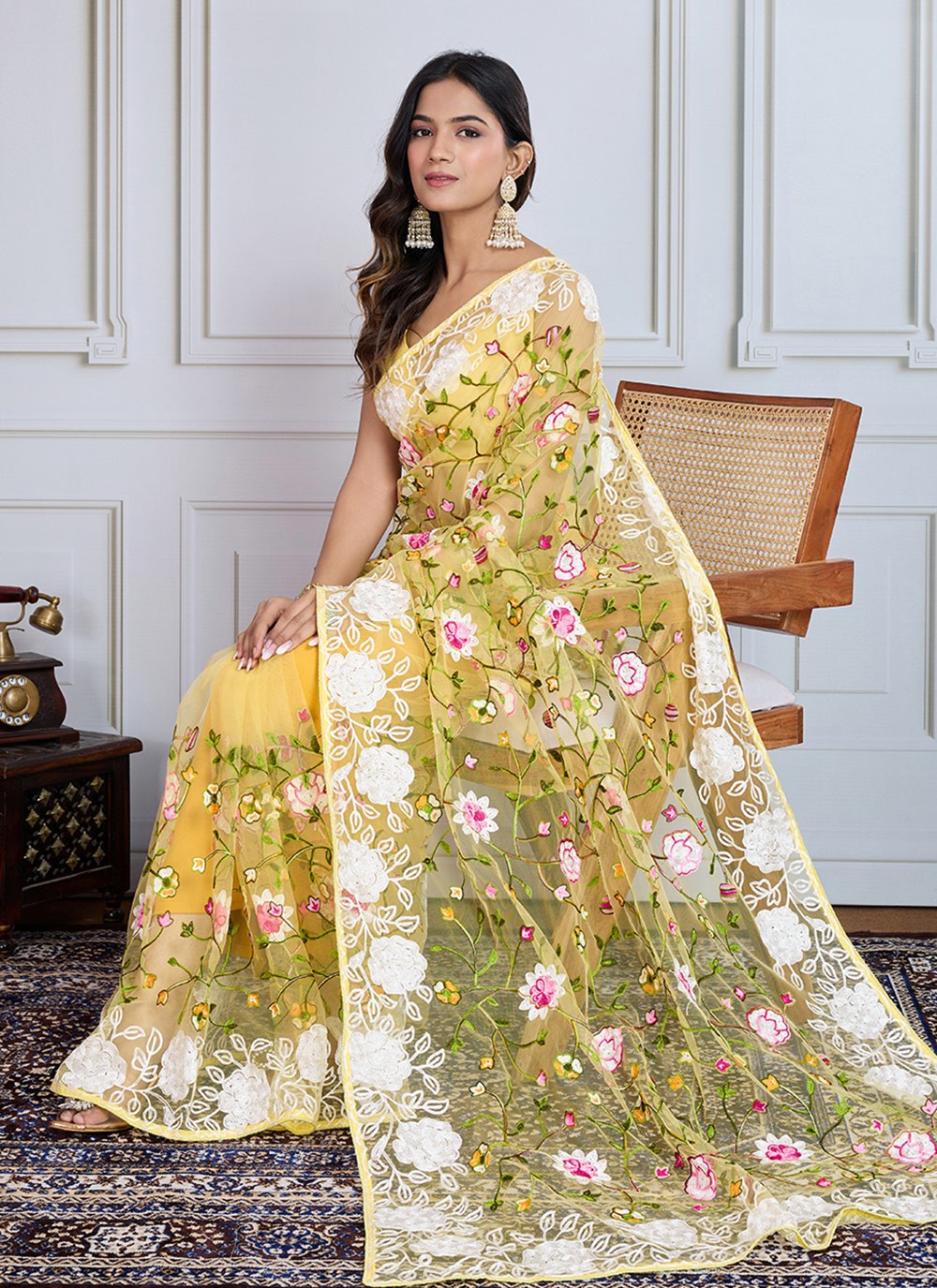 Embroidered Net Yellow Trendy Saree S14987