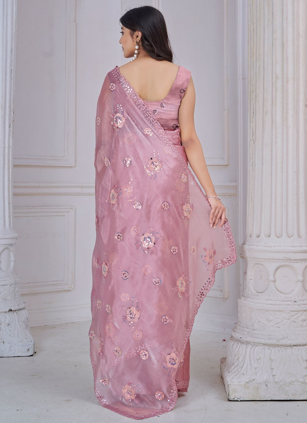 Embroidered Organza Pink Trendy Saree S15236
