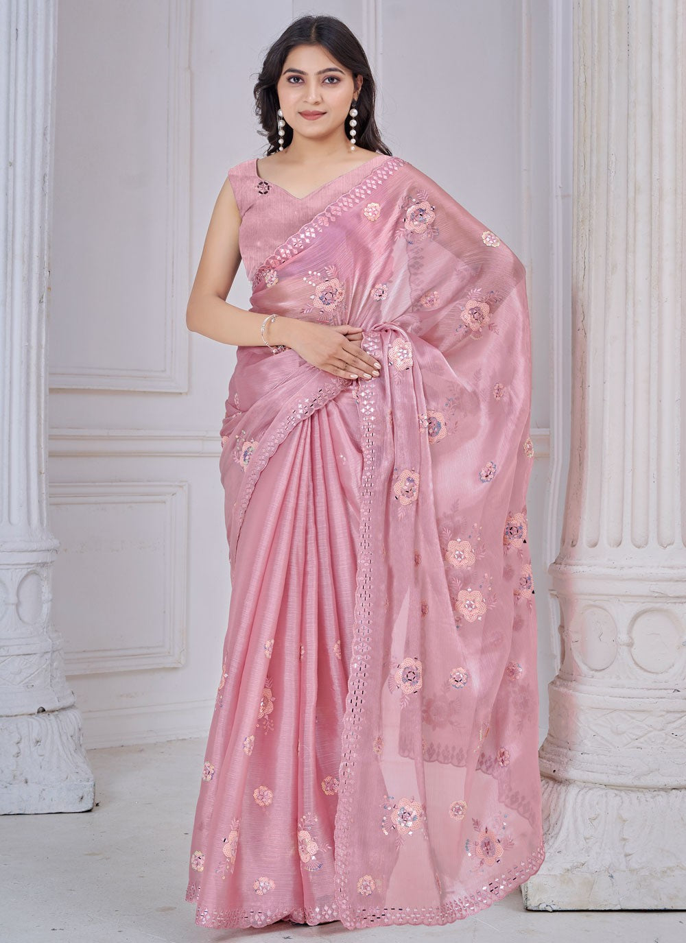 Embroidered Organza Pink Trendy Saree S15236