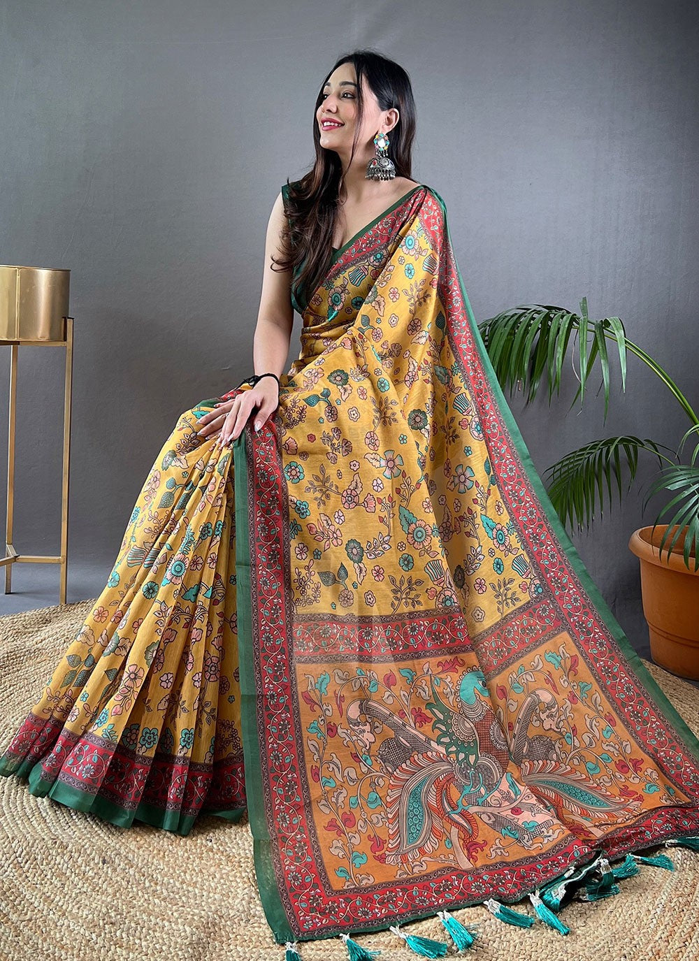 Trendy Saree Floral Printed Mustard Cotton Saree S13687