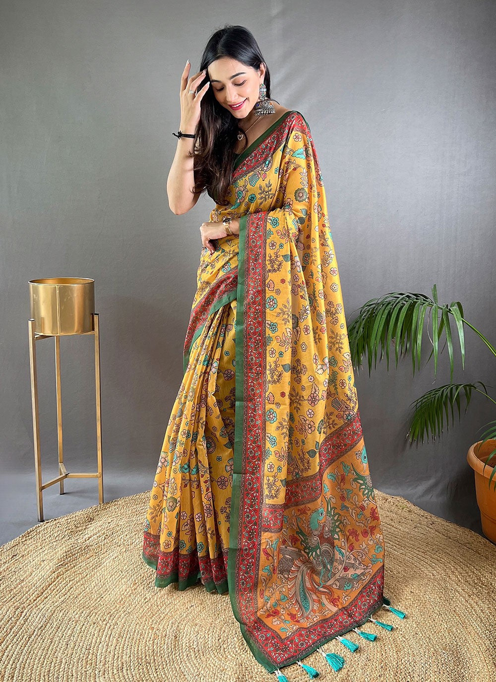 Trendy Saree Floral Printed Mustard Cotton Saree S13687