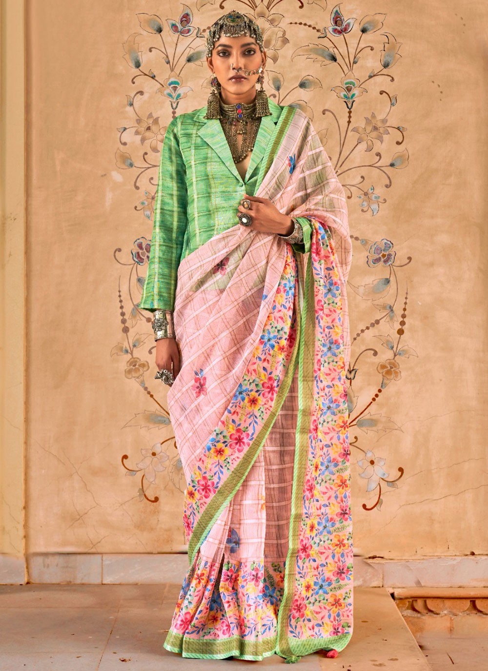 Trendy Floral Printed Linen Saree - S4987