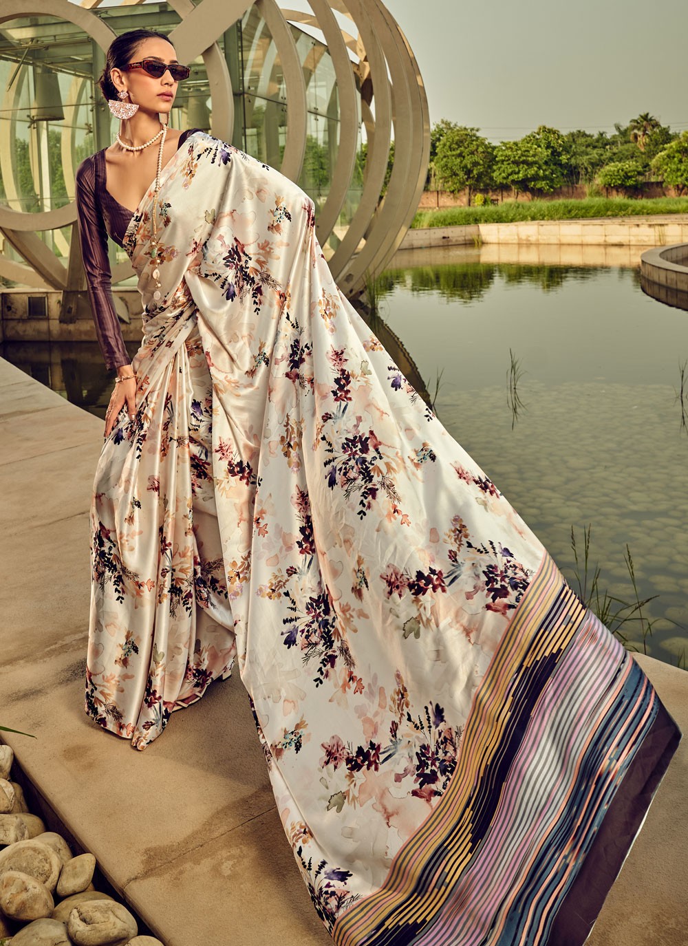 Classic Digital Print Satin Saree - S4000