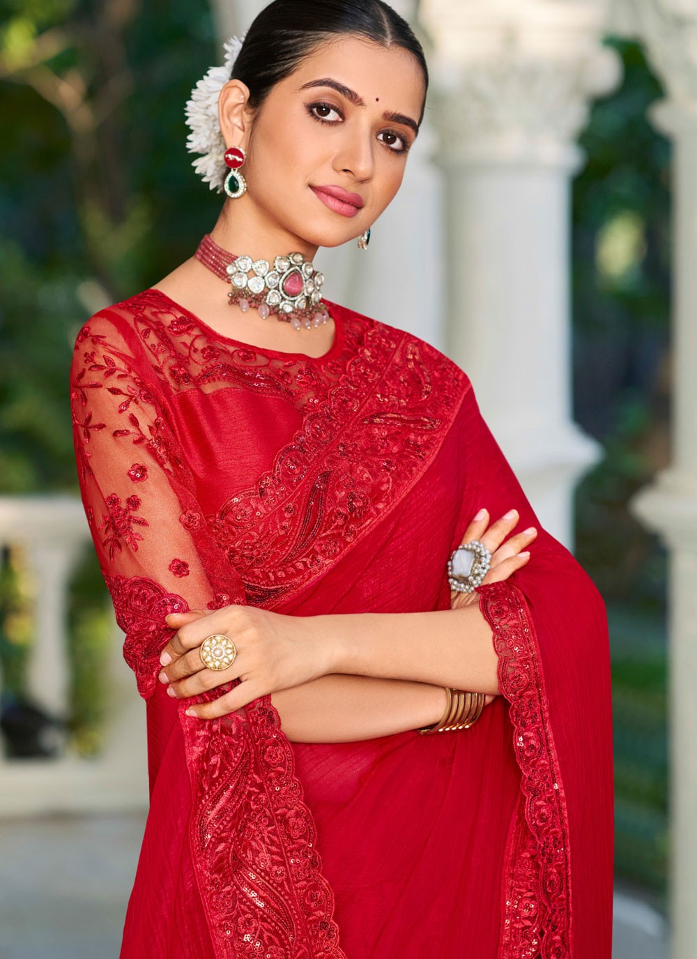 Red Silk Saree Embroidered, Lace S20136