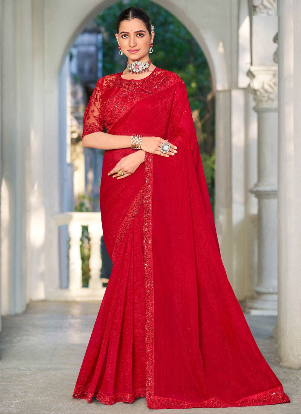 Red Silk Saree Embroidered, Lace S20136