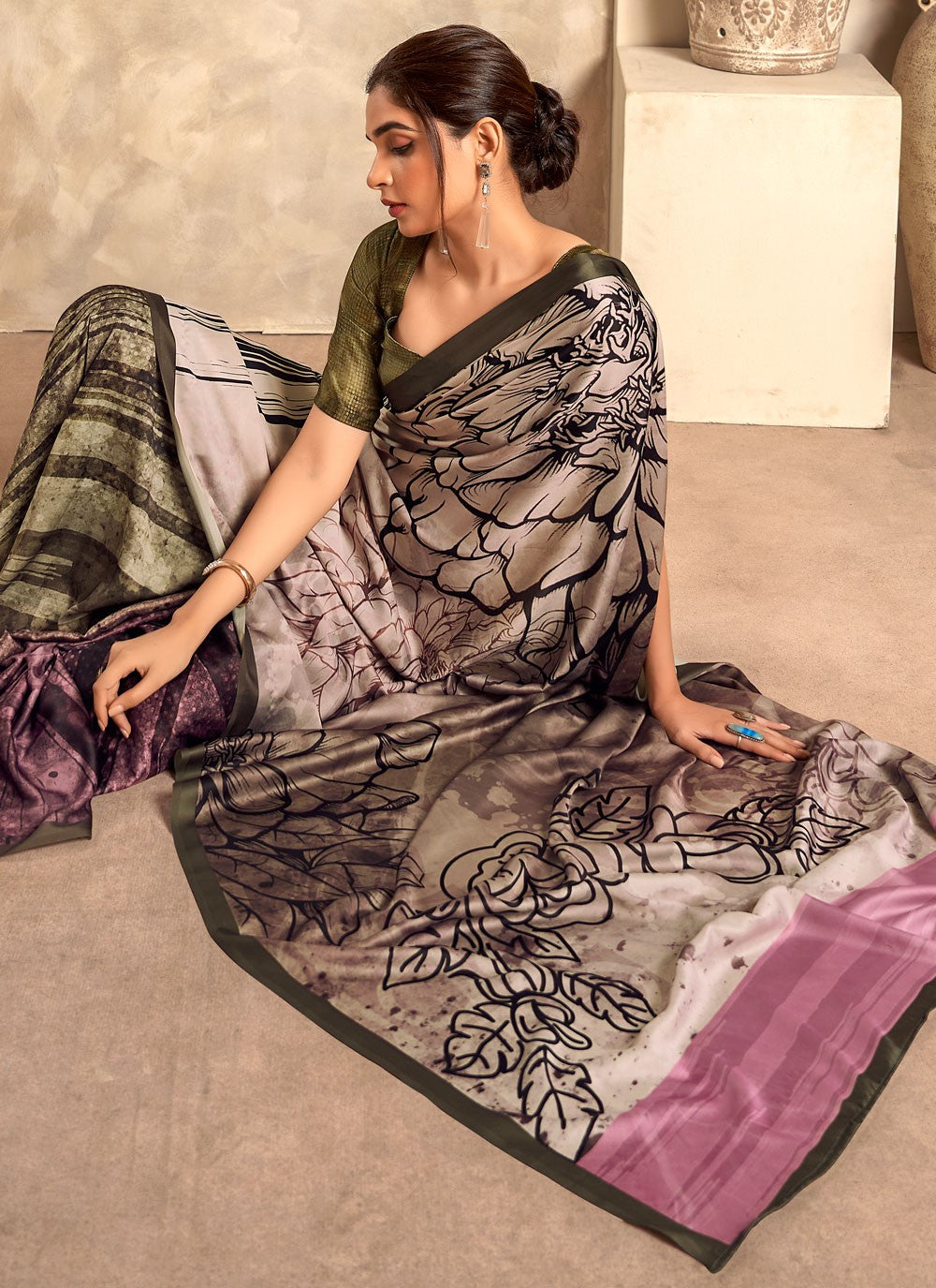 Classic Printed Satin Silk Saree - S4275