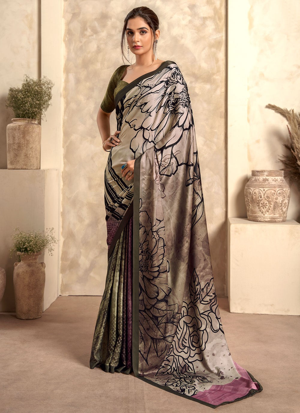 Classic Printed Satin Silk Saree - S4275