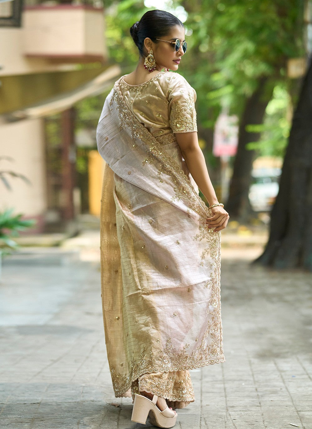 Beige Silk Trendy Saree Embroidered, Sequins S20139