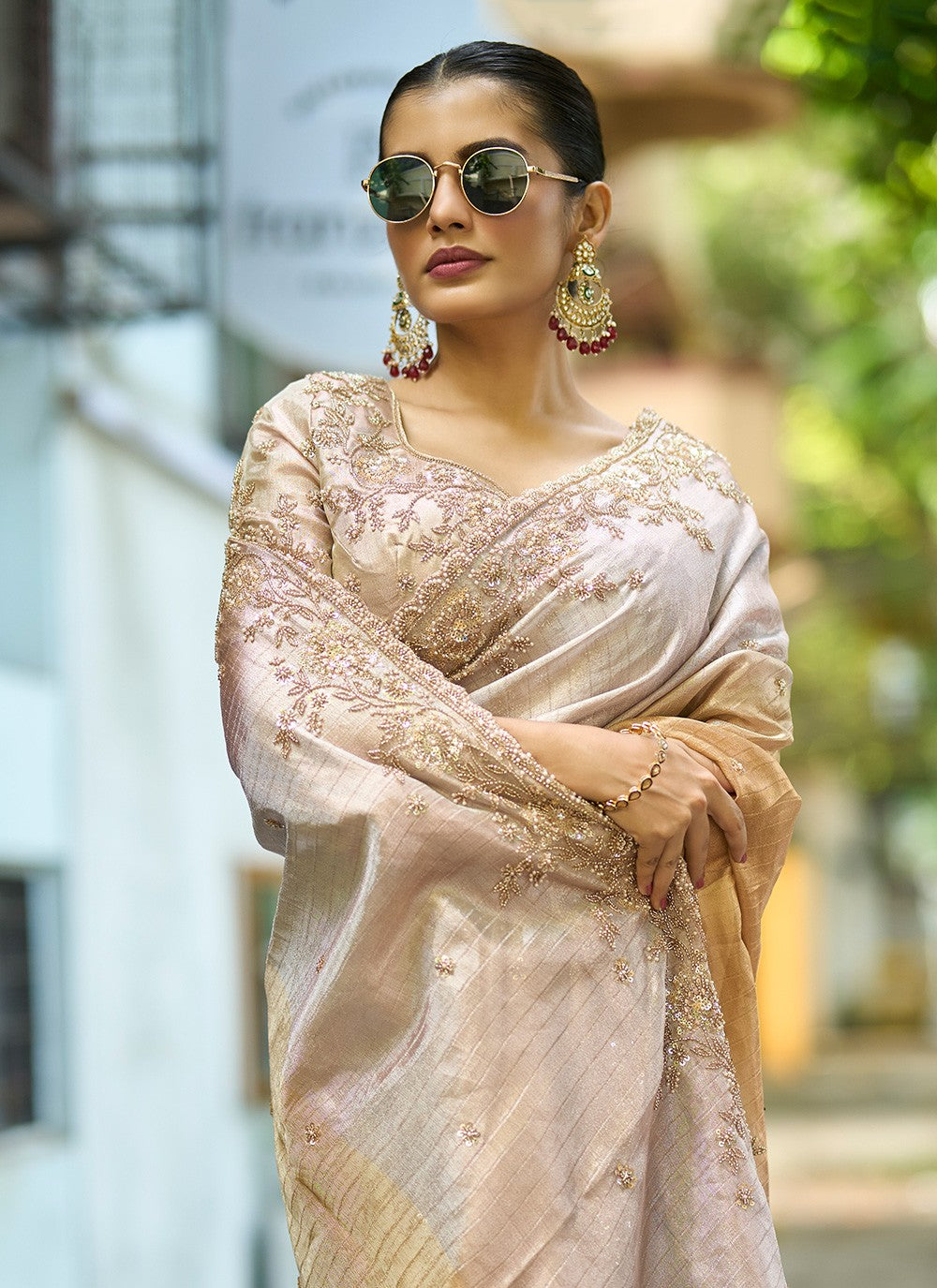 Beige Silk Trendy Saree Embroidered, Sequins S20139