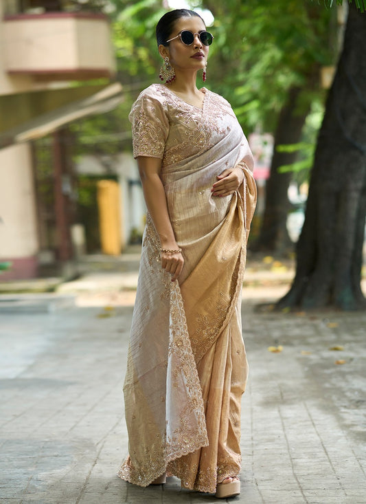 Beige Silk Trendy Saree Embroidered, Sequins S20139