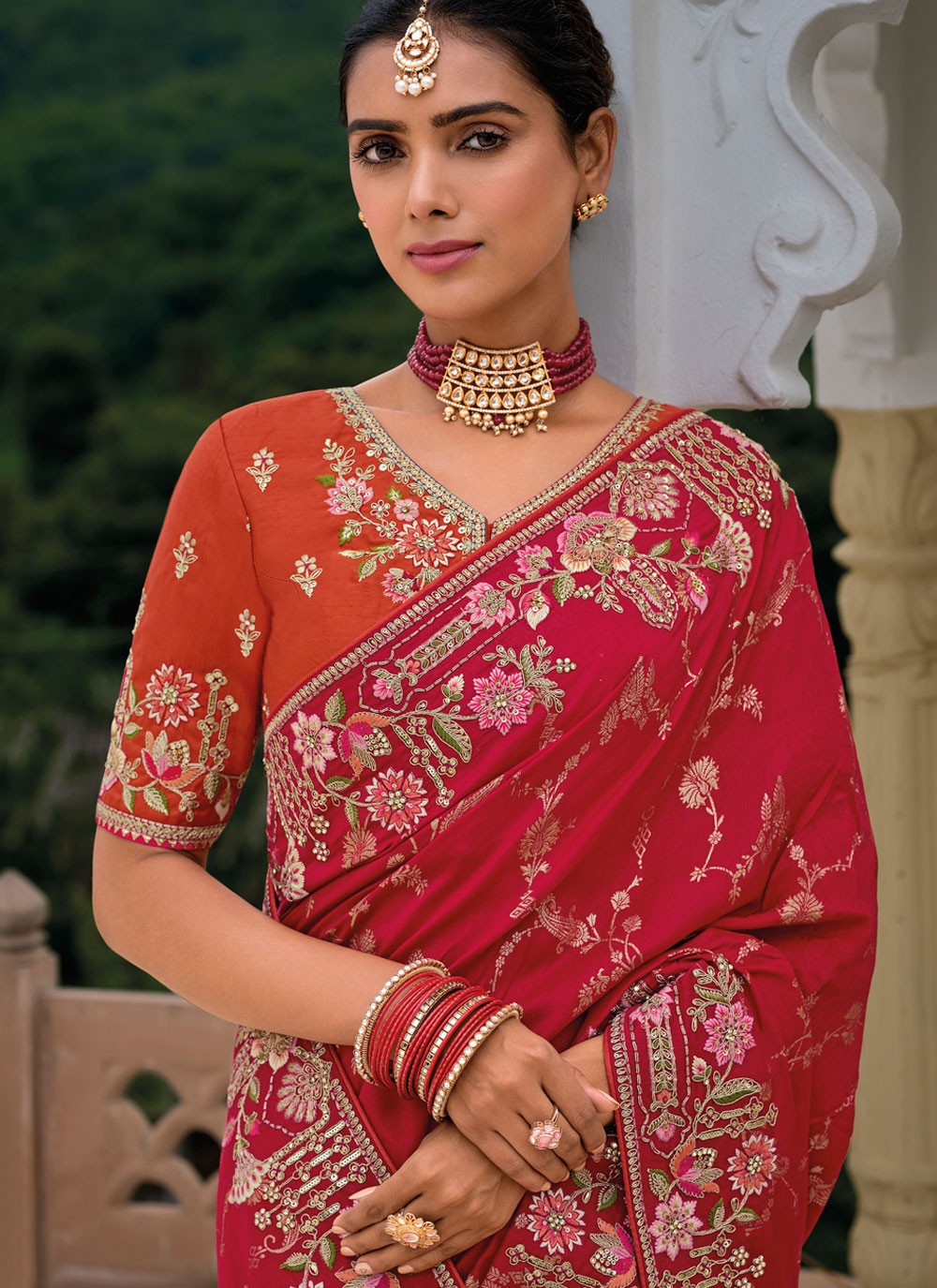 Embroidered Silk Crimson Saree S14424