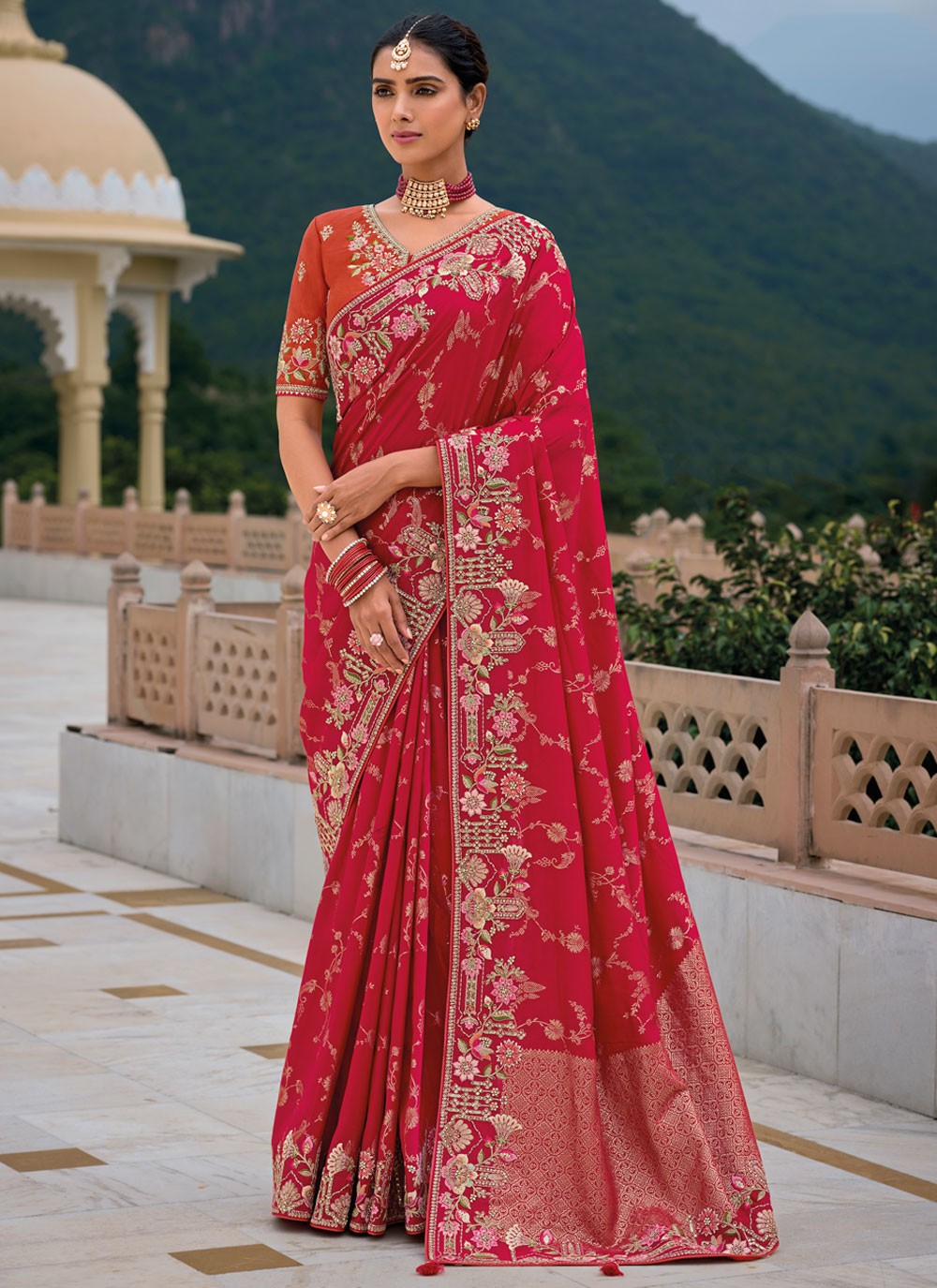 Embroidered Silk Crimson Saree S14424
