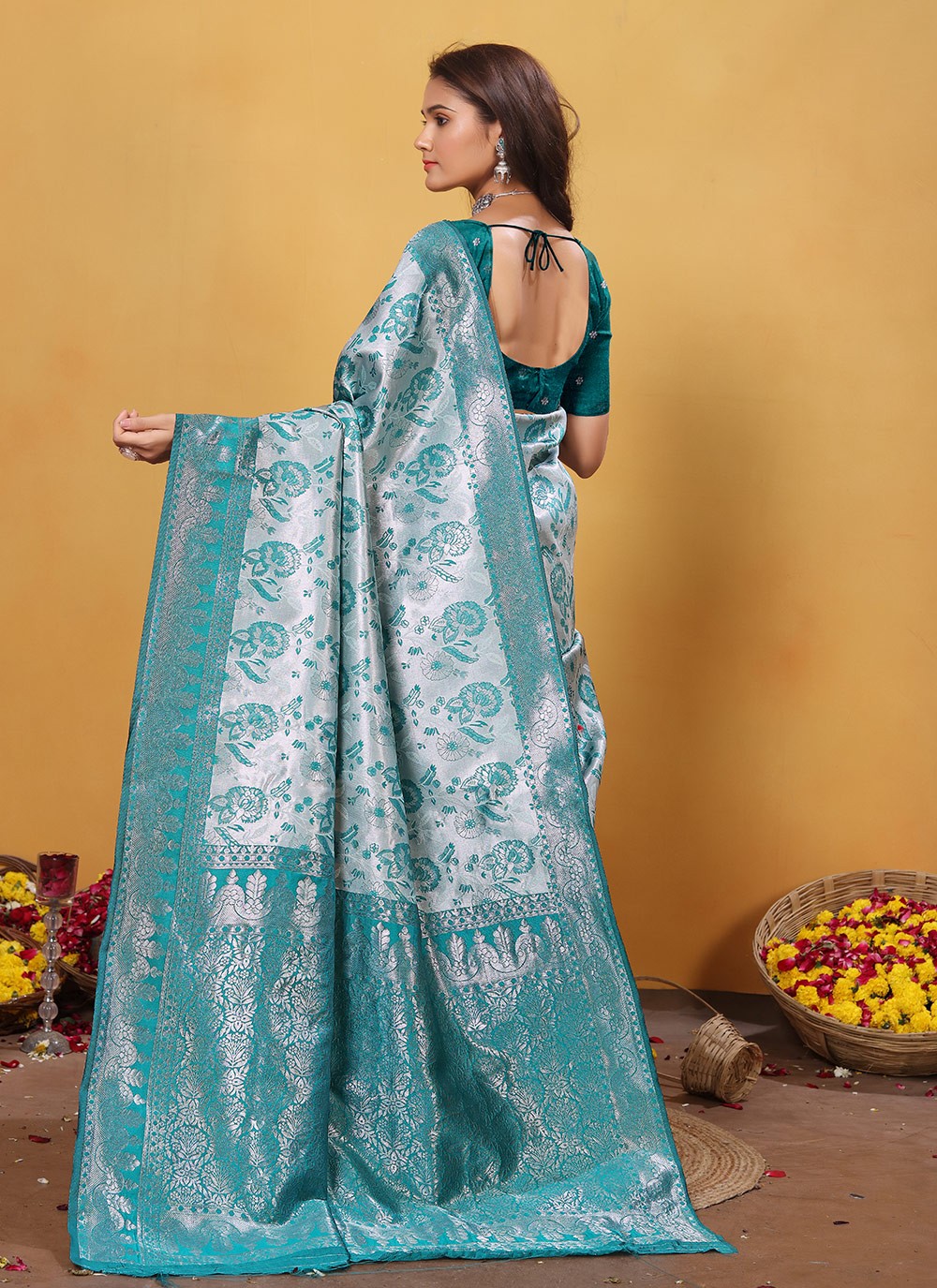 Weaving Zari Silk Aqua Blue Trendy Saree S15379