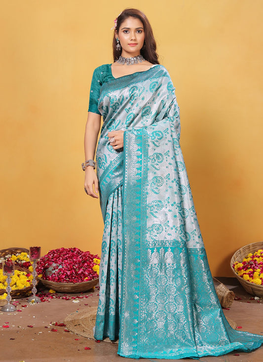 Weaving Zari Silk Aqua Blue Trendy Saree S15379