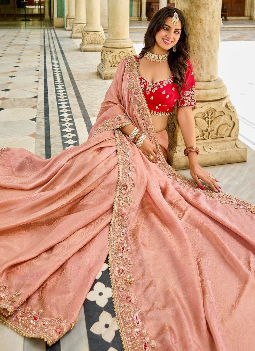 Peach Satin Traditional Saree Beads S19796