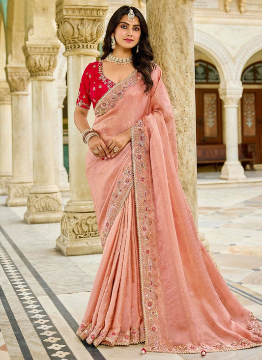 Peach Satin Traditional Saree Beads S19796