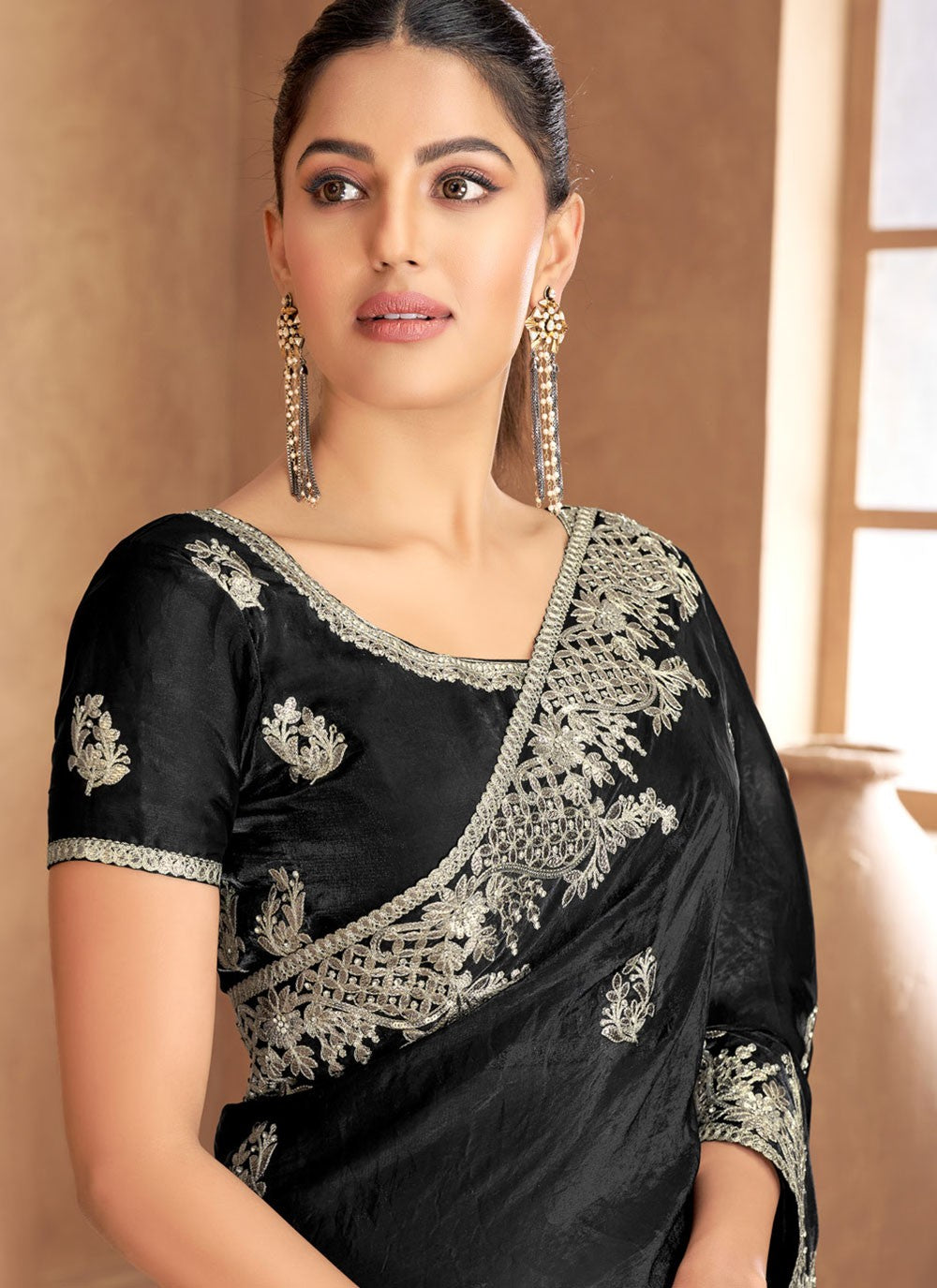 Contemporary Cut Work Black Satin Saree S13353