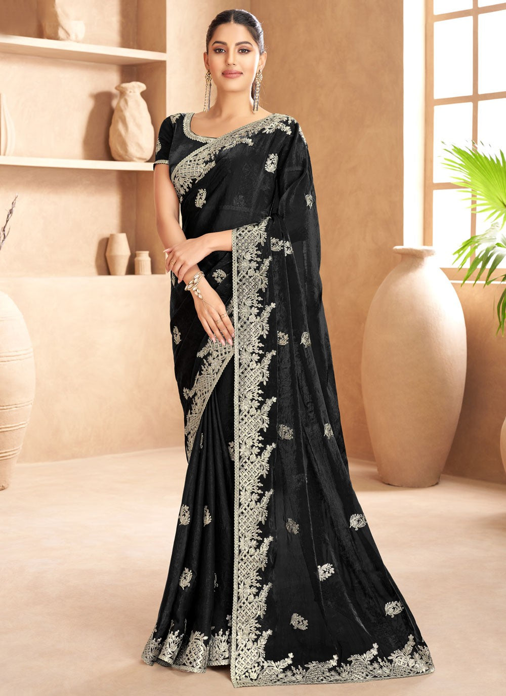 Contemporary Cut Work Black Satin Saree S13353