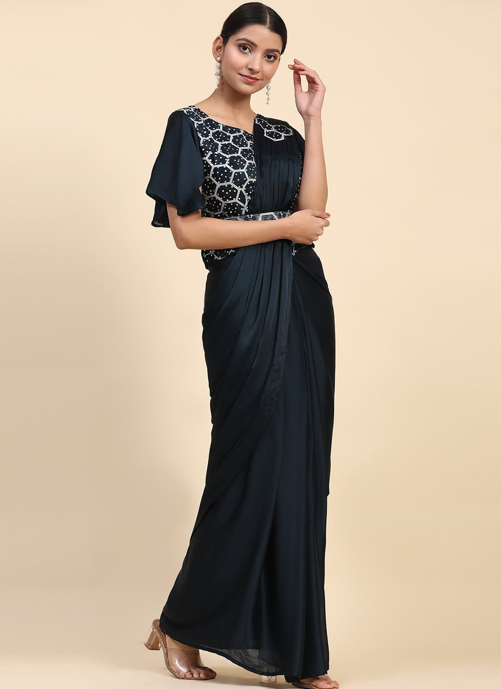 Trendy Embroidered Satin Saree - S5255
