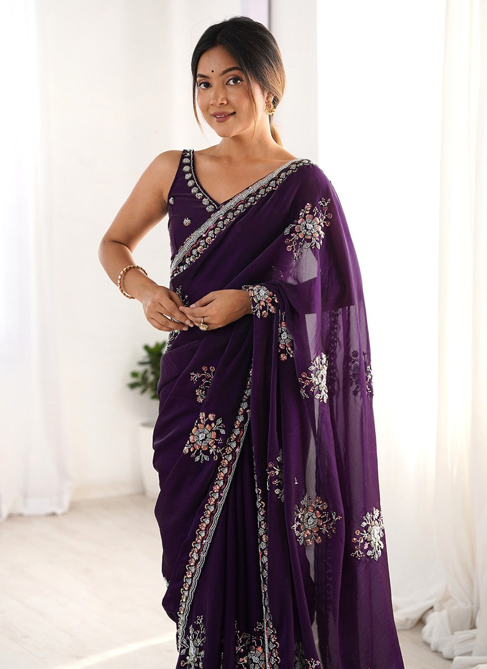 Purple Satin Classic Saree Beads, Hand Embroidery S15794