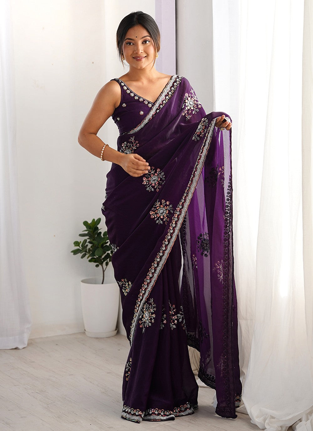 Purple Satin Classic Saree Beads, Hand Embroidery S15794