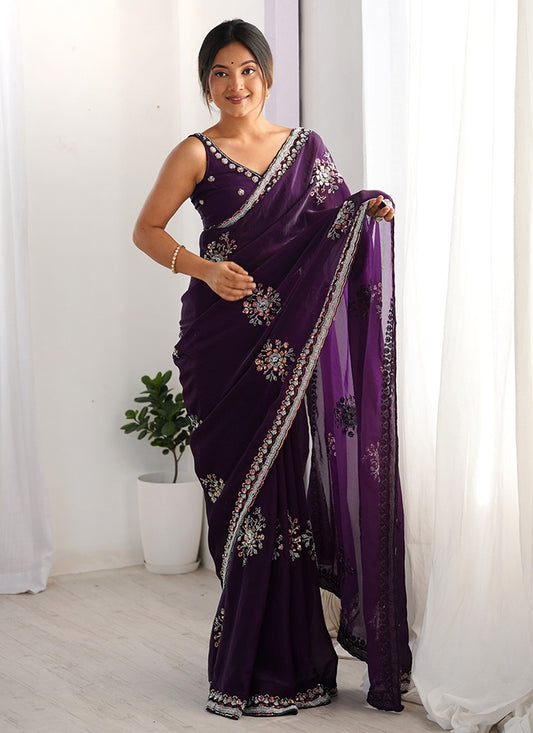 Purple Satin Classic Saree Beads, Hand Embroidery S15794