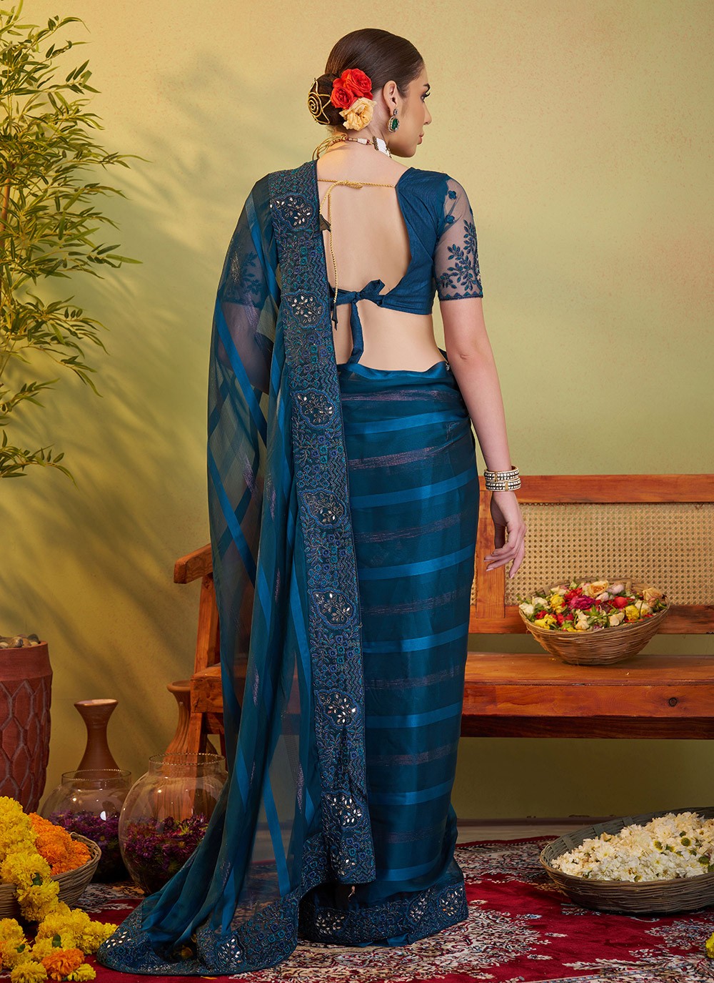 Embroidered Satin Teal Saree S14721