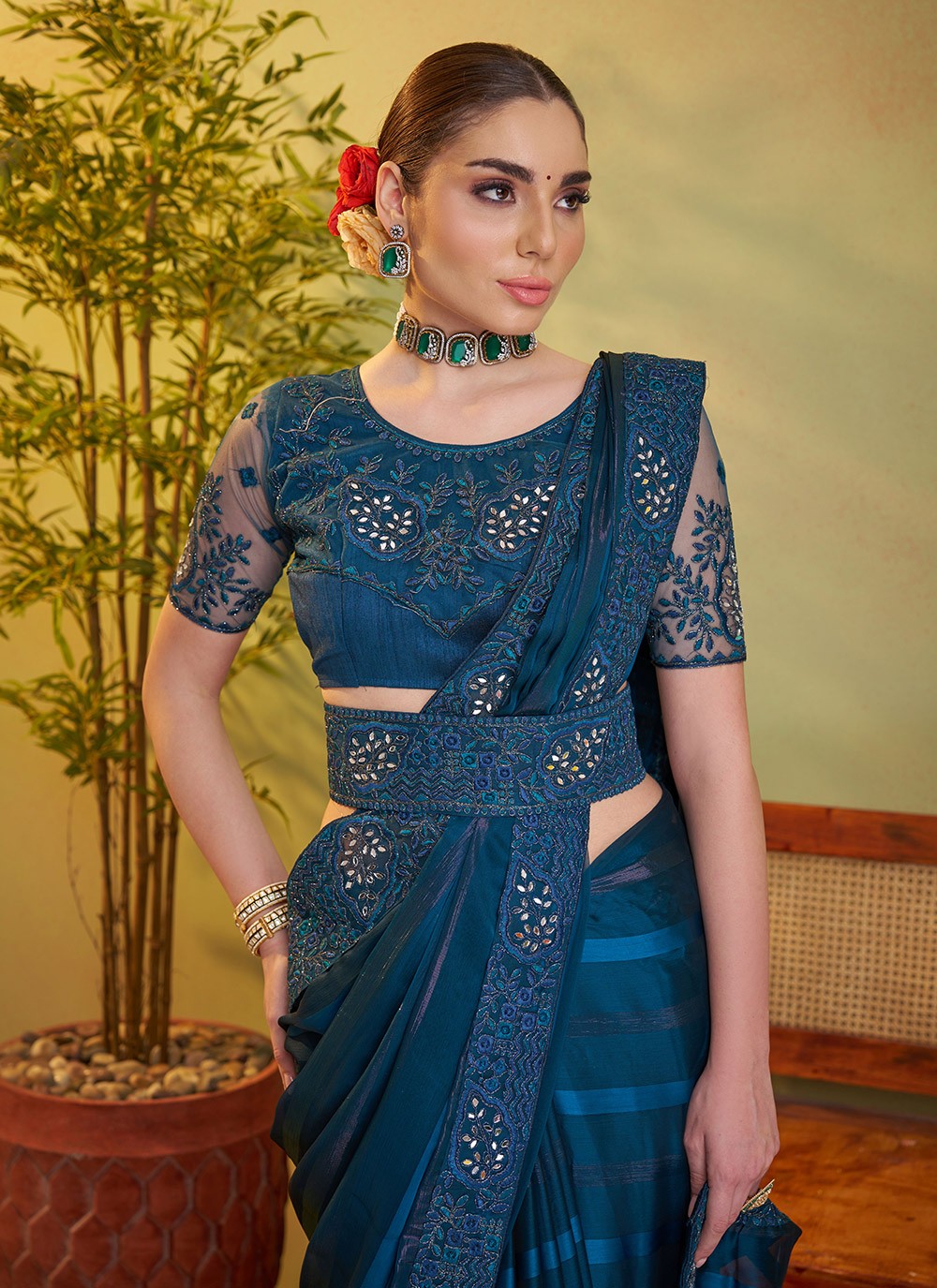 Embroidered Satin Teal Saree S14721