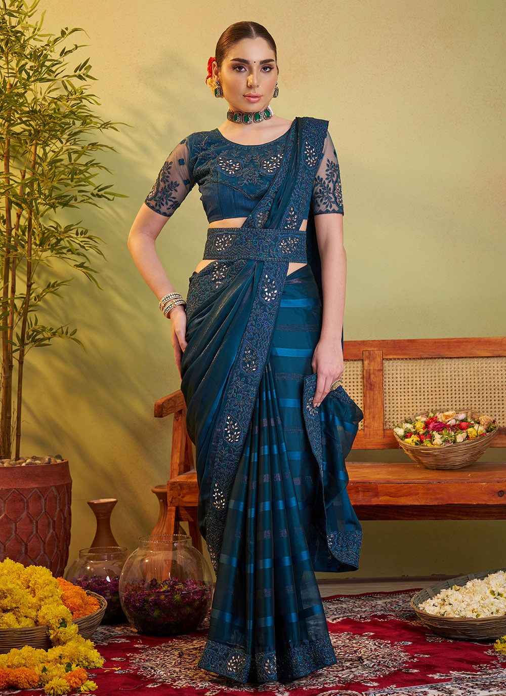 Embroidered Satin Teal Saree S14721